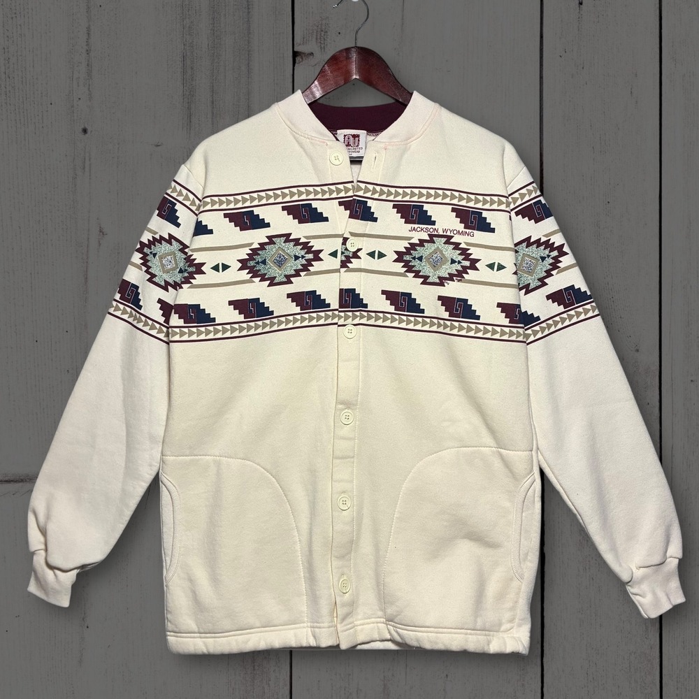VTG Art Unlimited Jackson Wyoming Southwestern Aztec Cardigan Cream Sweatshirt M
